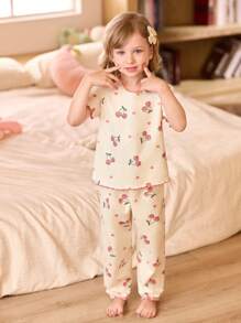 SHEIN 3件套樱桃印花短袖上衣和裤子女童幼儿睡衣套装 - 彩色 - 查看 15
