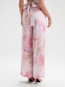 Glamine Quần ống rộng in họa tiết satin thanh lịch dành cho nữ, không co giãn - Hồng - Xem 2
