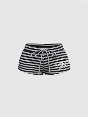 Y2K Style Punk Graphic Print Low Waist Ultra-Short Striped Star & English Letter Decorated Women Shorts