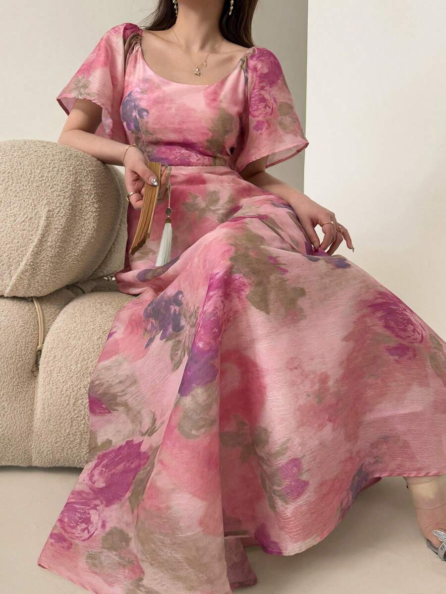 DAZY 女士中长款印花无袖连衣裙，优雅迷人的夏季设计，适合返校季、度假穿着，女士碎花长裙 - 粉色 - 查看 1