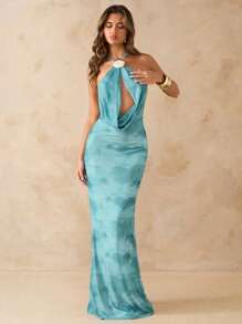 SHEIN BAE Đầm bó sát hở lưng màu xanh trơn, Đầm dự tiệc thanh lịch trên bãi biển, Đầm dài hở lưng, Xuân/Hè - Màu xanh lam - Xem 7