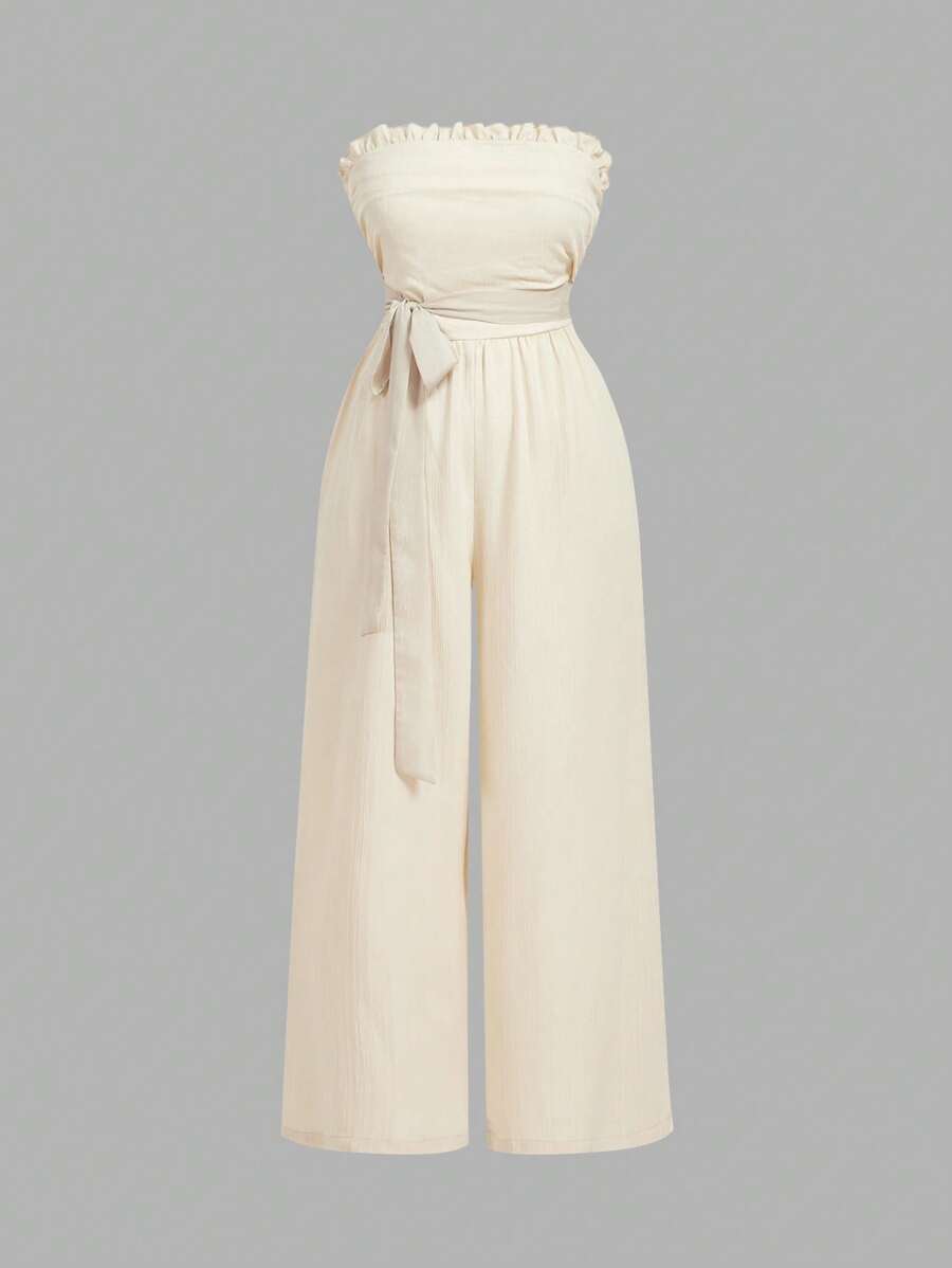 SHEIN MOD Plus Size Women's Apricot Ruffle Hem Wide Leg Jumpsuit