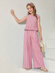 SHEIN 青少年女孩度假休闲条纹无袖上衣和直筒裤套装，时尚风格