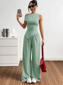 SHEIN EZwear 2pcs/Set Women Knit Asymmetric Hem Top And Pants Set - Mint Green - View 4