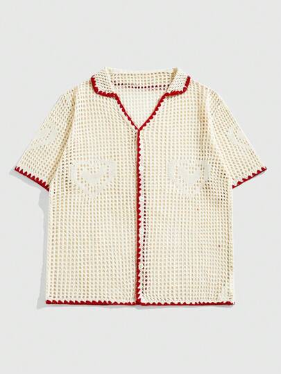 Street Life Men's Vacation Polo Neck Hollow Heart Knit Cardigan