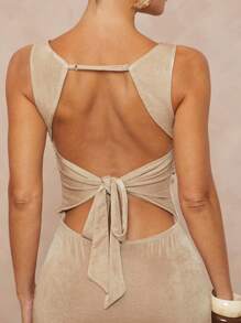 Lumalex فستان بياقة قارب مطوي وبنمط ضفيرة مطاطية