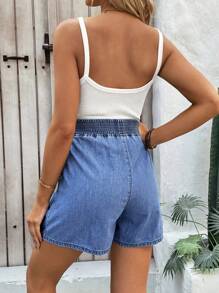 SHEIN 孕妇打结口袋宽松蓝色牛仔短裤，夏季 - 深色水洗藍 - 查看 2