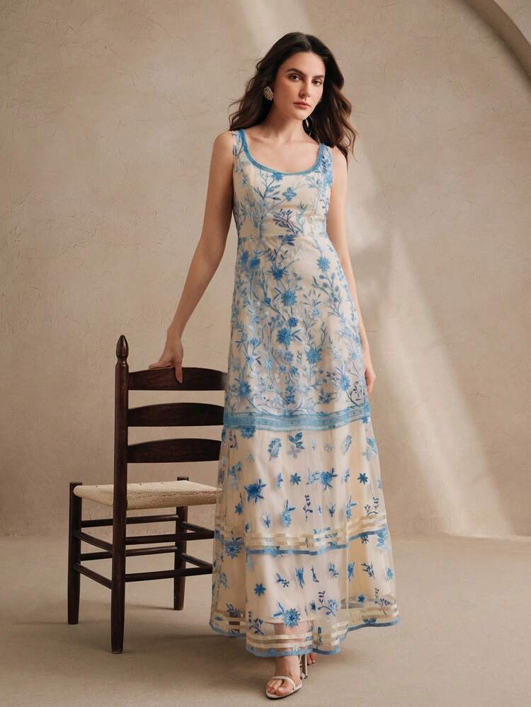 Bohemian Summer New Beach Halter Backless A-Line Waisted Net Embroidered Low-Cut Women Dress