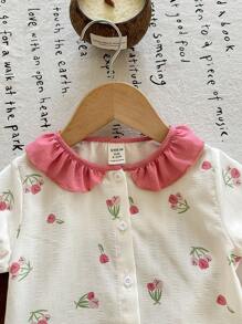 SHEIN 2件套 Dozemod 女婴花朵图案撞色荷叶边圆领纽扣宽松梭织短袖睡衣套装 - 白色 - 查看 4