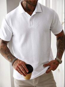 Manfinity CasualCool Manfinity EMRG Men's Casual Everyday Wear, Ins Inspired Design, Classic Textured Knit Short Sleeve Polo Shirt, Button Placket, Suitable For Music Festivals, Vacations And Daily Looks, Men's Color Block Textured Fabric Casual Polo Shirt, Gift For Husband Or Boyfriend