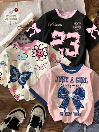 SHEIN Tween Girls 4pcs/Pack Cute Bowknot & Number 28 Graphic Printed Short Sleeve Crew Neck T-Shirts, Casual Sweet Style, Perfect For Summer, Comfort, Streetwear, Back To School Clothes
