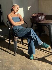 DAZY 女士 2 件套休闲背心和直筒牛仔裤，夏季牛仔装 - 中等水洗藍 - 查看 2