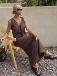 Livesso Bộ 2 chiếc áo yếm và váy vải lanh thường ngày cho nữ, Xuân/Hè - màu nâu - Xem 4