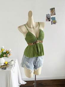 Soleia 休闲度假西式海滩婚礼宾客服装毕业早午餐吊带背心圣帕特里克节春假复活节节日优雅波西米亚热带水钻褶皱吊带背心上衣，春夏 - 綠色 - 查看 5