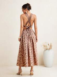 VALERIA GALIPOLI Falda midi con detalles de lazo de estampado de leopardo para mujer, ideal para salir, vacaciones y playa en verano - Multicolor - Ver 6