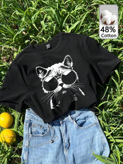 Tseoso 休闲简约太阳镜猫咪图案女式T恤