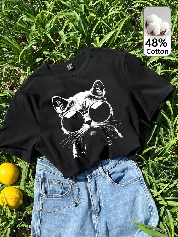 Tseoso Women's Casual Simple Cat Wearing Sunglasses Graphic T-Shirt, 48% Cotton
