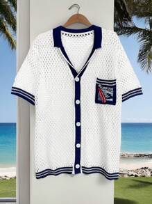 Surfspeed Men's Fashionable Designer Style Color Block Embroidered Knitted Cardigan Sweater - White - View 1