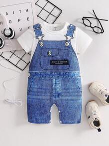 Peto informal de 2 en 1 de manga corta de punto con hombros abiertos y textura de denim para niños pequeños y bebés, prendas infantiles, ropa de bebé, mamelucos, adecuado para fiestas, deportes y salidas diarias, verano