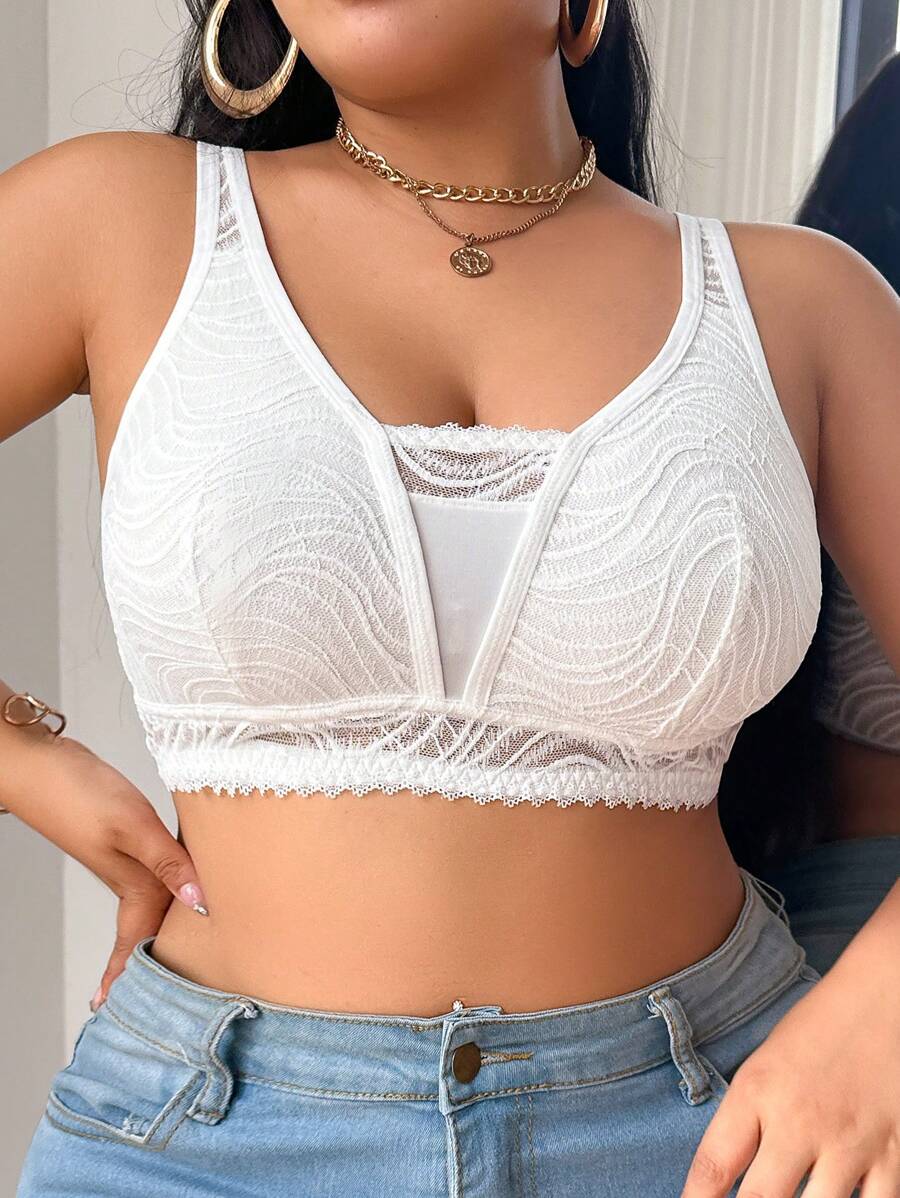 SHEIN Plus Size Elegant & Romantic Solid Color Lace Lingerie - White - View 1