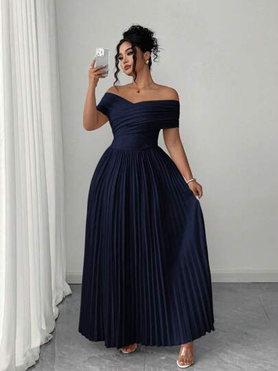 Elenzga Cold-Shoulder Ruched Waist Bandeau Summer Dress, Romantic Elegant Plus Size Graduation Gown Women Dresses Birthday Women Casual Dress Women Birthday Outfit Women S Clothes Women Summer Clothing Women Dresses Elegant Gown