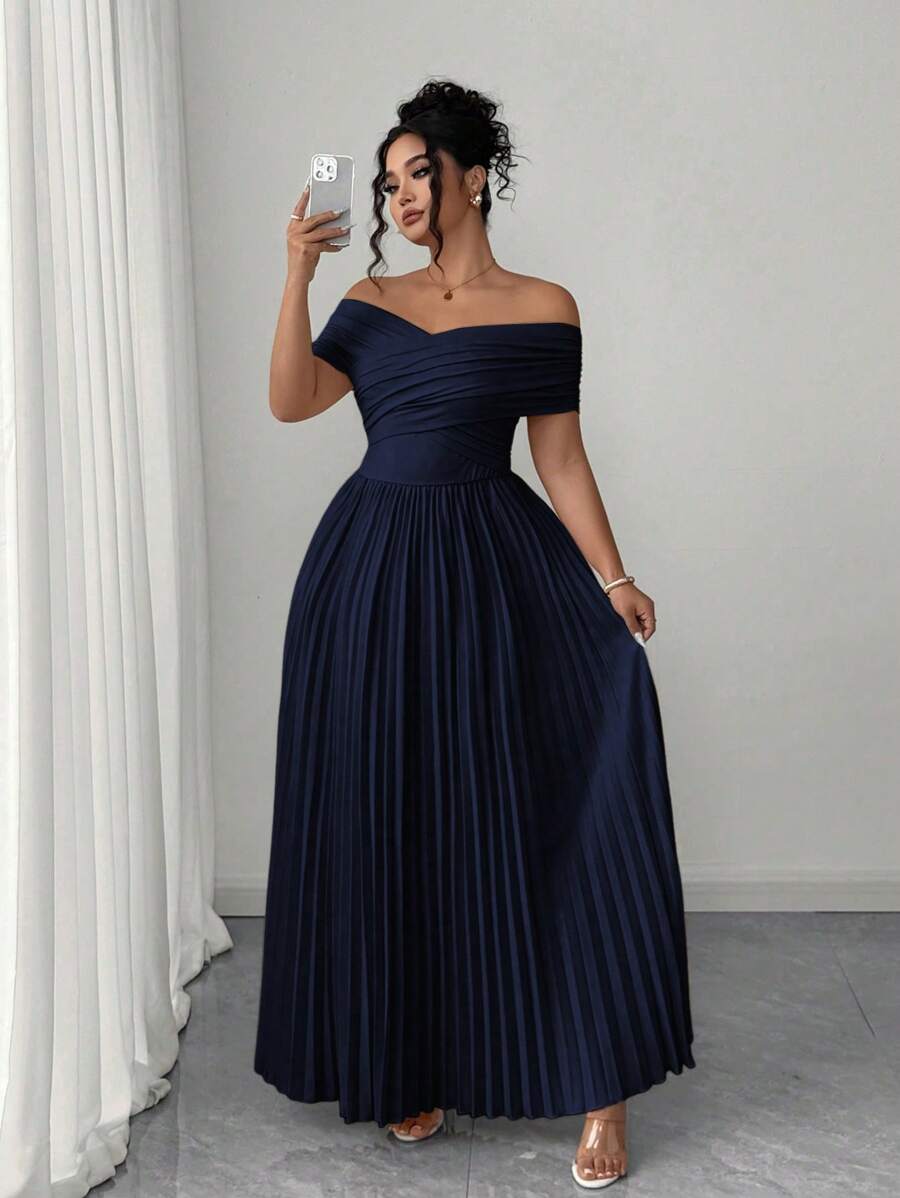 Elenzga Vestido de verano con hombros descubiertos, cintura fruncida y estilo bandeau, vestido de graduación elegante y romántico de talla grande