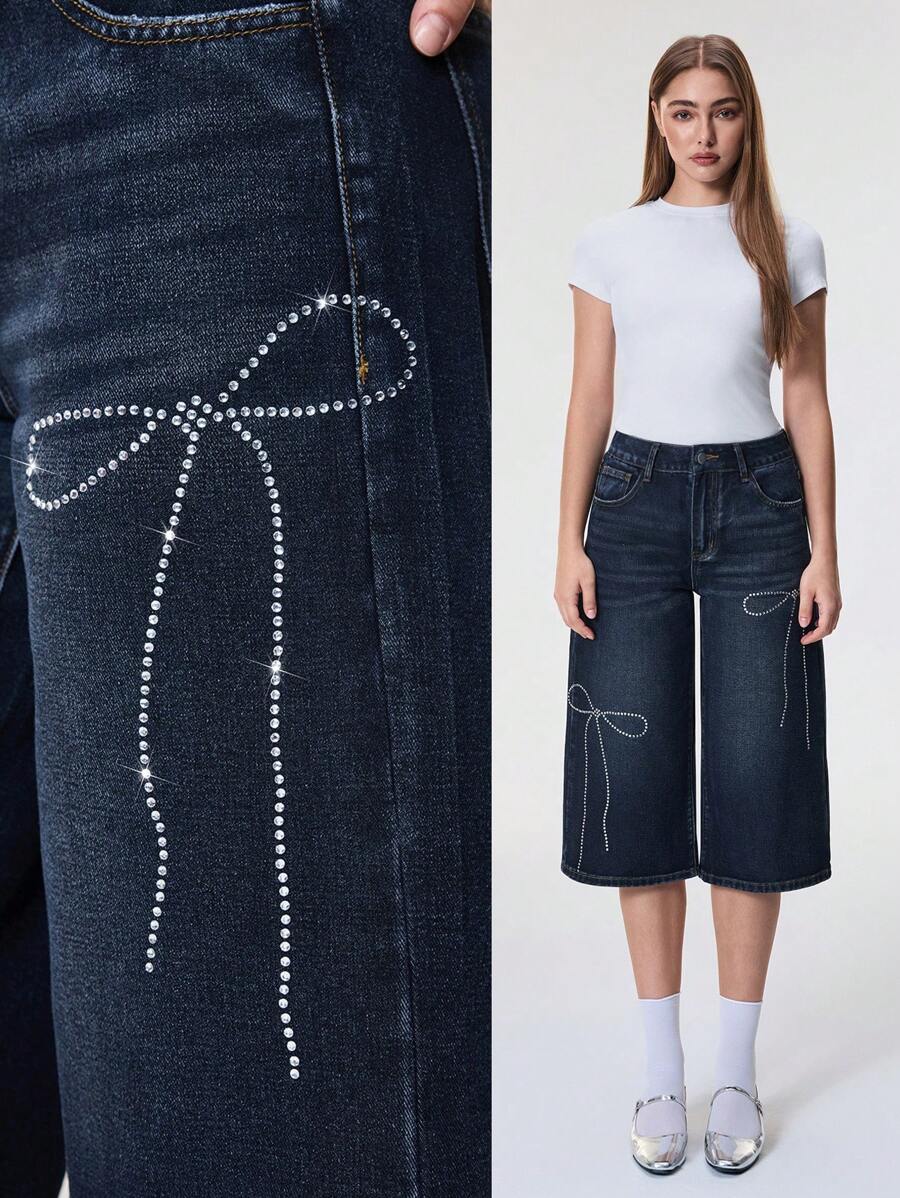 SHEIN Frenchy 女式休闲水洗水钻蝴蝶结宽松牛仔裤 - 藍色 - 查看 1