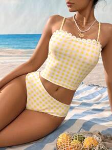 Swim Mod 2pcs Women's Plaid Daisy Flower Pattern Camisole & Bikini Set, Cute Casual Beachwear For Spring & Summer Vacation, Beach, Party - Yellow - View 6