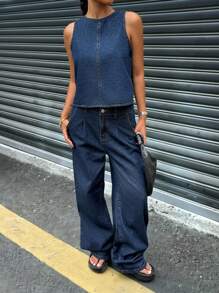 SHEIN Set di pantaloni e gilet smanicato, in denim ampio con tasche, casual e versatile, colore unito, collo rotondo, per ragazze; Pantaloncini corti da spiaggia, boho per vacanze estive; Outfit casual per concerti, festival e raduni estivi; Abbigliamento estivo per brunch, chiesa, laurea per ragazze