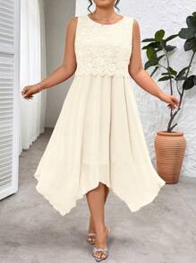 Elenzga Women's Round Neck Mesh Patchwork Dress - Apricot - View 4