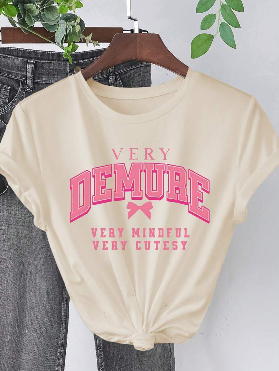 INAWLY Kaos Wanita Lengan Pendek Motif Huruf, Leher Bulat, Kasual, Model Biasa - Aprikot - View 1