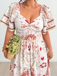 Flirla Plus Size Women Tropical Holiday Placement Print Twist Ruffle Flared Sleeve Dress - Multicolor - View 5