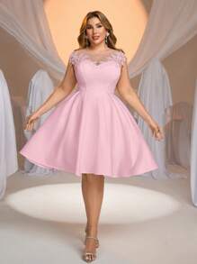 Glamrae 大码优雅浪漫透明领口花卉蕾丝拼布缎面 A 字形婚纱，新娘礼物礼服 - 粉色 - 查看 7