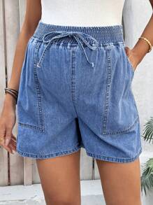 SHEIN 孕妇打结口袋宽松蓝色牛仔短裤，夏季 - 深色水洗藍 - 查看 1