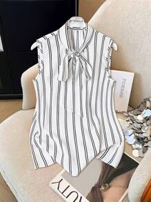 Franclia 时尚优雅条纹蝴蝶结无袖上衣 - 黑與白 - 查看 4