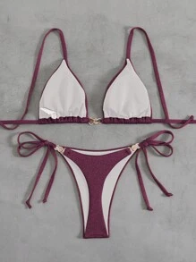 Swim Vcay Women's Solid Color Metallic Fabric Spaghetti Strap Decor Beach Resort Bikini Set, Summer - Purple - View 2