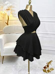 Franclia Breezaya 女式交叉镂空荷叶边下摆度假沙滩裙演唱会服装针织高弹力荷叶边时尚设计黑色性感浪漫优雅晚会约会节日派对春夏新款短裙 - 黑色 - 查看 4