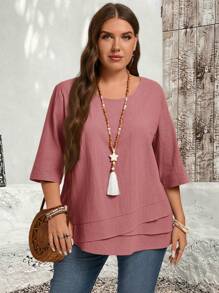 EMERY ROSE Plus Size Asymmetric Hem Grey Pink Country Shirts Fall Clothes - Redwood - View 6