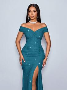 SOLERSUN 适合圣诞派对度假和约会优雅的勃艮第酒红色优雅扭曲露肩露背肩带高开叉美人鱼连衣裙，带有金属光泽，适合新年服装长款女装 - 水鴨藍 - 查看 6