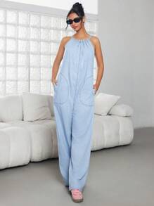 SHEIN ICON 阔腿牛仔连体裤，适合夏天的时尚 - 淺色水洗藍 - 查看 4
