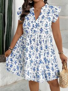 SHEIN LUNE CURVE 大码女式碎花盖袖休闲中长连衣裙 - 白色 - 查看 5