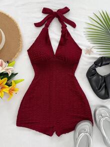 Soleia Women Burgundy Knitted Shirred Jumpsuit With Deep V Neck And Tie, Vacation Dress, Slim Fit, Suitable For Party, Valentine's Day, Date, Layering