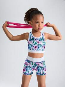 SHEIN Young Girls Floral Printed Sleeveless Top And Shorts Activewear Set, Pink, Purple And Blue, Suitable For Holiday, Sports, Outdoor Activities, All Seasons Workout Clothes For Kids Girls Activewear Kids Workout Clothes Young Girls Athletic Sets Girls Active Wear Girls Workout Set Girls Activewear Set Girls Biker Short Set Tween Girl Workout Set Girls Yoga Set