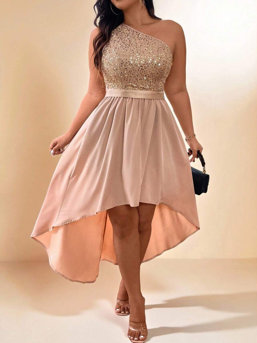 Cravure Women Glitter Decorated Oblique Shoulder Ruffle Design Dress Maxi Women Outfit Wedding - Champagne - View 1
