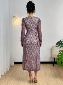 Modelyn فستان مطرز أنيق بالدانتيل الأرجواني للنساء - الأرجواني - مشاهدة 2