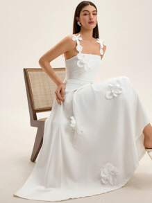 Aveloria Rosie 压花花卉装饰连衣裙，高腰收腰，无袖度假风格 - 白色 - 查看 4