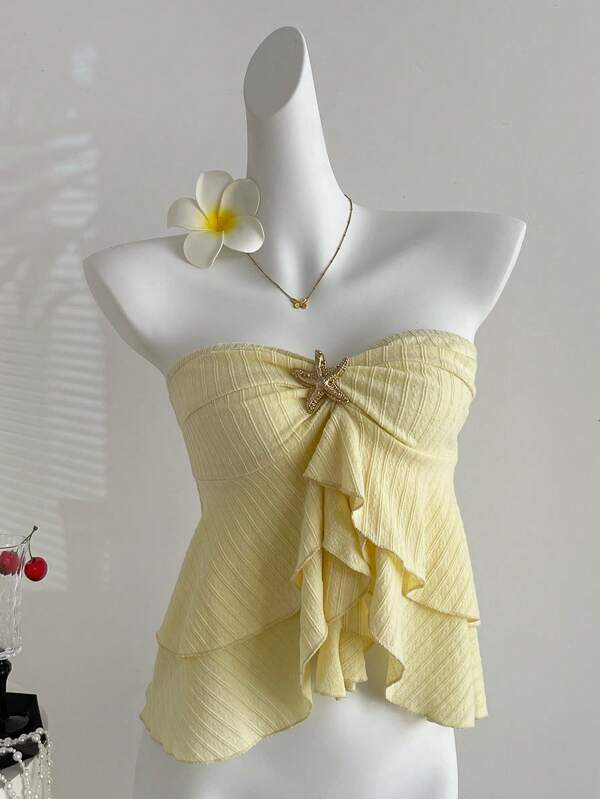 Sweetra Romantic Versatile Layered Ruffle Trim Starfish Button Twist Bandeau Crop Top