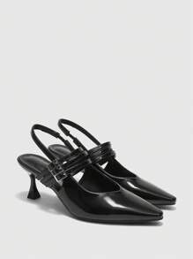 CUCCOO BIZCHIC Damen Rock Chic spitzere Zehenkappe mit Cut Out 3-Riemen-Schnallen-Kitten-Absatz-Stilettos in Schwarz mit Rückenausschnitt, von Fashion-Bloggern empfohlen