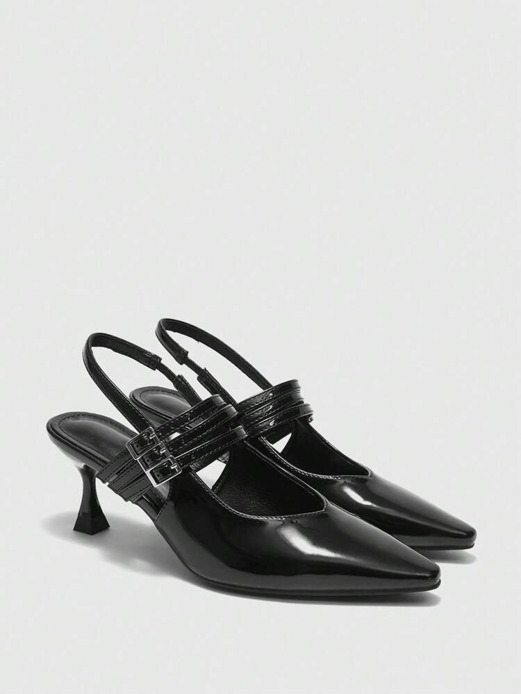 CUCCOO BIZCHIC Women's Rock Chic Pointed Toe Hollow Out 3-Strap Buckle Low Kitten Heels Stilettos Black Backless High Heels, Fashion Blogger Recommended