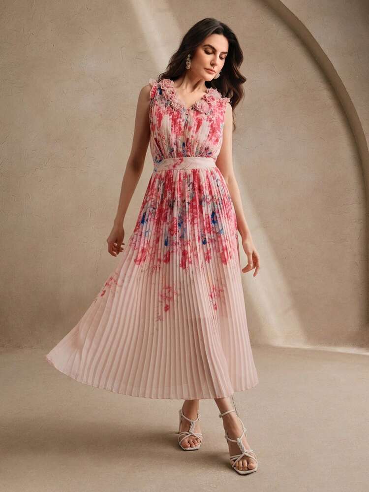 Women's Sleeveless Pleated Floral Print Long Dress, Elegant Holiday Style, Spring/Summer New Arrival